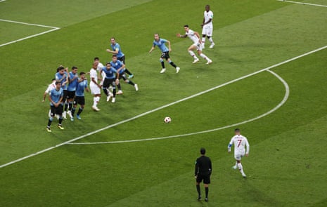 Ronaldo batters his free-kick against the wall.