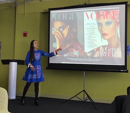 Jenkins giving a lecture that juxtaposes two historically relevant covers of Vogue.