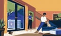 Illustration of couple at home in stylish living room with heat pump visible through patio doors