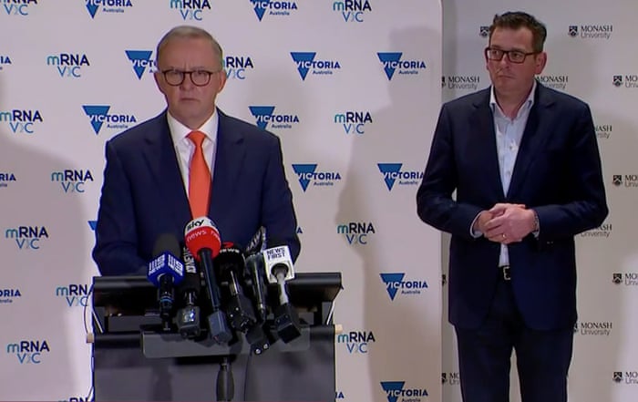 Anthony Albanese speaks at a press conference in Melbourne alongside Victorian premier Daniel Andrews.