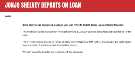 Nottingham Forest announce Shelvey’s loan move to Caykur Rizespor.