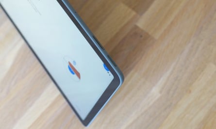 The fingerprint scanner on the top of the Google Pixel tablet.