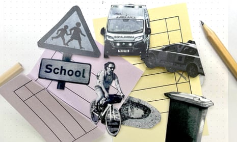 graphic image showing a school sign, ballot cards and a pencil, an ambulance, a police car, a cyclist, a pothole and a wheelie bin