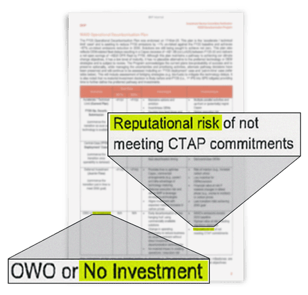 Memo reads ‘Reputational risk of not meeting CTAP commitments ... OWO or No Investment’
