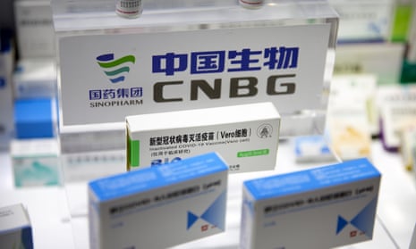 Covid-19 vaccine packaging from Chinese pharmaceutical firm Sinopharm on display at a trade fair in Beijing on 5 September.