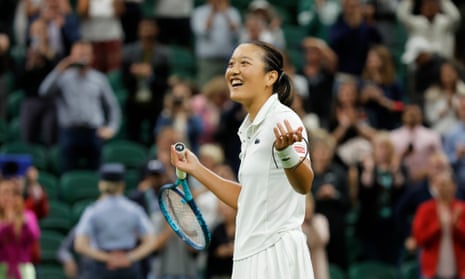 Harmony Tan reacts to her epic victory against Serena Williams on Centre Court.