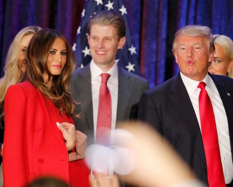 Republican U.S. presidential candidate Donald Trump makes a face as he and his wife Melania and members of their family leave the stage at his caucus night rally in Des Moines, Iowa February 1, 2016. REUTERS/Scott Morgan