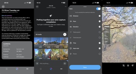 Screenshots from the Meta AI app showing workouts and media captured during a run from the Oakley Meta Vanguard.