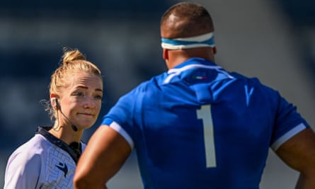 Hollie Davidson talks with a player in the Test between Portugal and Italy in June.