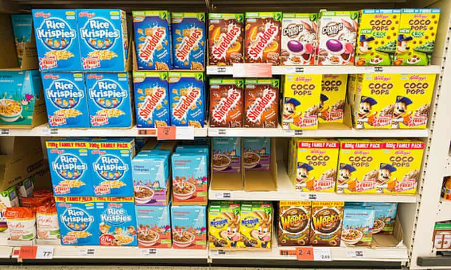 Breakfast cereal display on shelves in a  supermarket