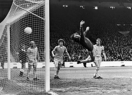 Pat Jennings fails to prevent a goal on the day that Spurs were relegated from the First Division in 1977 at Maine Road.