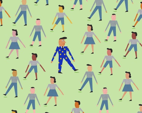 Illustration of people marching one way with one man in a suit with EU star pattern marching the other way
