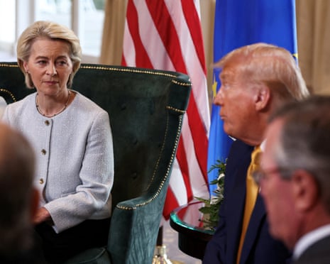 European Commission President Ursula von der Leyen sits with US President Donald Trump, after the announcement of a trade deal between the U.S. and EU, in Turnberry, Scotland.