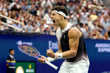 Ben Shelton celebrates winning his second round match against Hubert Hurkacz.