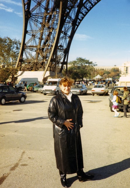 Radnor’s mum in Paris in the late 1980s. She is wearing a long black leather-style coat and black boots