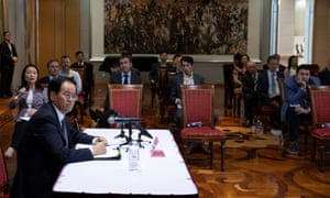Cheng Jingye at a press conference and video hookup with Xinjiang province in China at the ambassador’s residence in Canberra