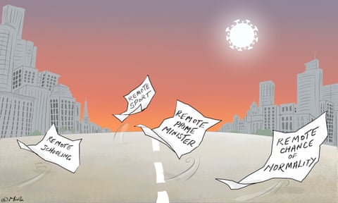 Nicola Jennings cartoon 20/04/20: papers blow through streets lit by coronavirus sun: 'Remote sport', 'Remote schooling', 'Remote prime minister', 'Remote chance of normality'