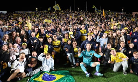 Central Coast Mariners celebrate the team’s win with fans and their first grand final since 2013.