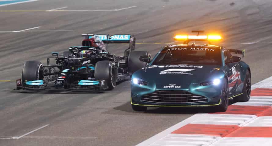 Lewis Hamilton follows the safety car at the Yas Marina Circuit during the Abu Dhabi Grand Prix