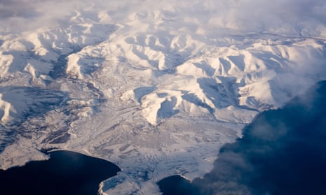 Aerial view of frozen land in the North Pole