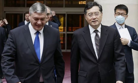 Russia's deputy foreign minister Andrey Rudenko and China's foreign minister Qin Gang after meeting in Beijing
