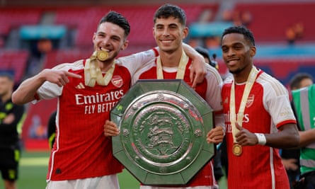 Arsenal players celebrate their victory in the Community Shield. 