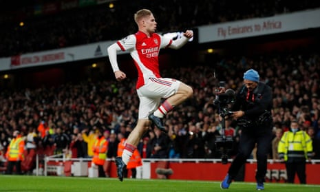 Emile Smith Rowe jumps for joy after his late goal sealed victory for Arsenal over West Ham at the Emirates Stadium