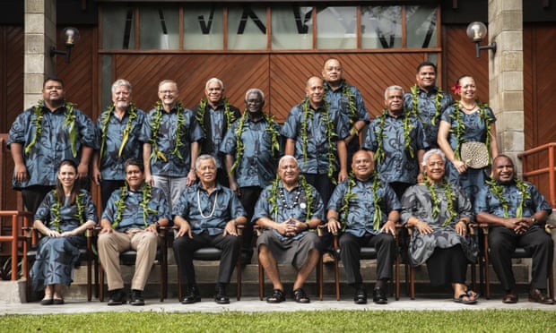Leaders pose during the family photo at the Pacific Islands Forum in Suva, Fiji on Thursday.