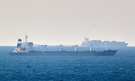 The Sierra Leone-flagged cargo ship Razoni, carrying Ukrainian grain, is seen in the Black Sea off Kilyos, near Istanbul.