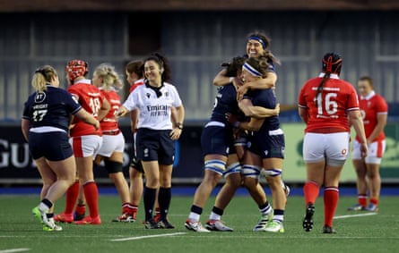 Scotland players celebrate after beating Wales last year.