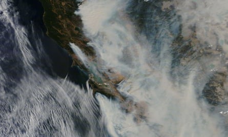 A satellite image shows the wildfire burning in Sonoma county in California.