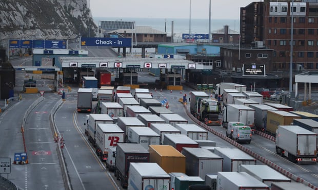 Lorries queue at Dover port. 