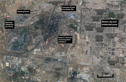 A satellite image showing the city of Baotou and its rare earth mines.