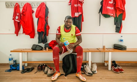 Royston Drenthe in the dressing room of his new team, Racing Murcia, in Spain’s Tercera Division
