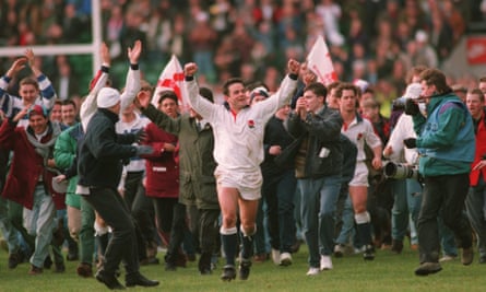 England captain Will Carling is mobbed by fans at Twickenham in 1995 after winning the Five Nations under Jack Rowell.