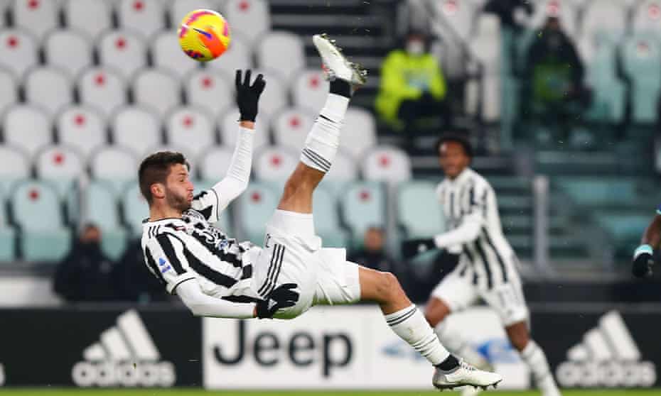 Rodrigo Bentancur attempts a bicycle kick during Juventus’s game at home to Udinese this month