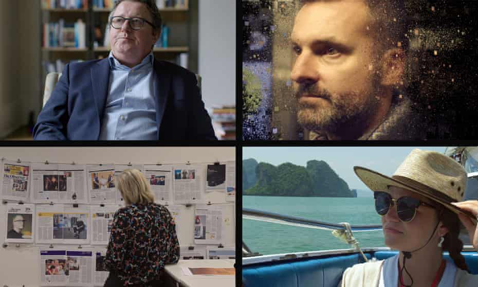 Scenes from The Great Hack, clockwise from top left: Julian Wheatland, former chief operating officer at Cambridge Analytica; New York media professor David Carroll; Cambridge Analytica’s ex-director Brittany Kaiser; Carole Cadwalladr at work on her award-winning story in the Observer office. 