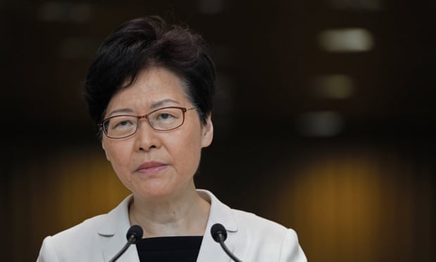 Carrie Lam, Hong Kong chief executive, listens to a question at a media conference about the protests 