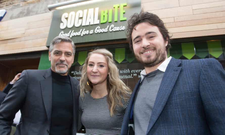 George Clooney meets Social Bite founders Alice Thompson and Josh Littlejohn at the Edinburgh sandwich shop in 2015.