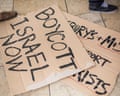 Makeshift placards calling for a boycott of Israel