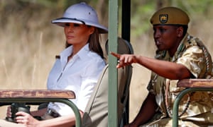 Melania Trump wears a pith helmet on safari in Nairobi, Kenya.