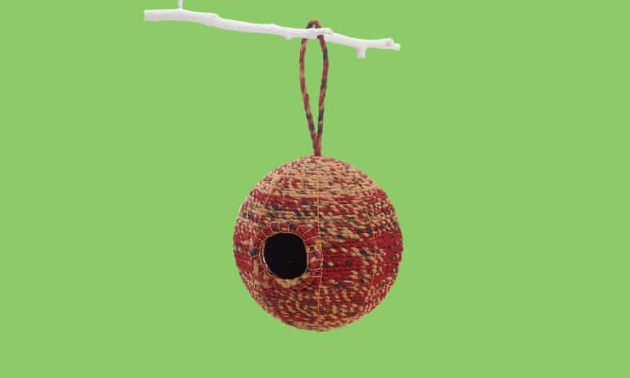 Recycled sari birdhouse ball.