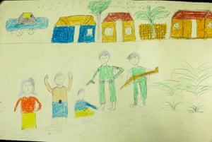 Drawing by a 12-year-old Rohingya refugee that shows military personnel firing at women and houses.
