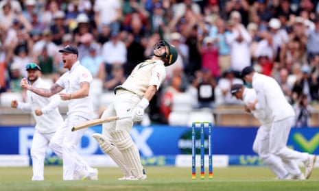 Australia’s Marnus Labuschagne reacts after being dismissed by Chris Woakes of England during day one of the third Ashes Test between England and Australia at Headingley.
