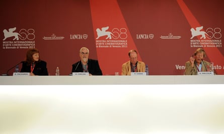 Stephanie Zacharek, Richard Corliss, Peter Cowie and Derek Malcolm at a panel in Venice, 2011.