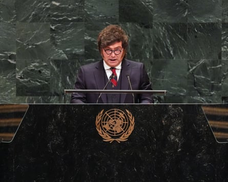 Javier Milei speaking from a podium at the UN general assembly