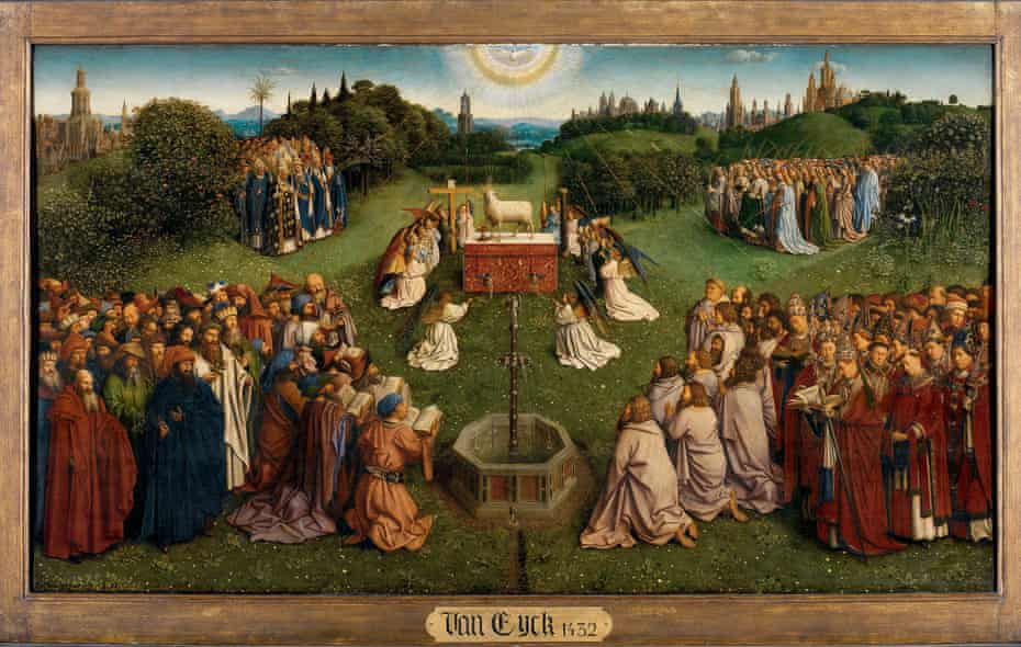 A secret story of brotherly love … The Adoration of the Mystic Lamb, on the central panels. Click here to see full image
