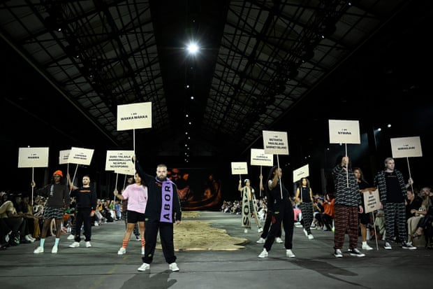 Models walk the runway in designs by Clothing The Gaps during the First Nations Fashion + Design show at Australian Fashion Week in May 2022 in Sydney, Australia.  (Photo by Stefan Gosatti/Getty Images)