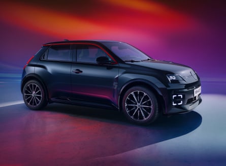 A Renault 5 e-tech electric car in diamond black on a pink, purple and blue background