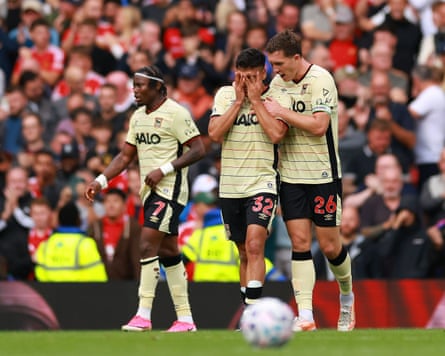 The Ipswich midfielder Marcelino Núñez is consoled by his teammate Dara O’Shea after making an error that led to Manchester United’s equaliser